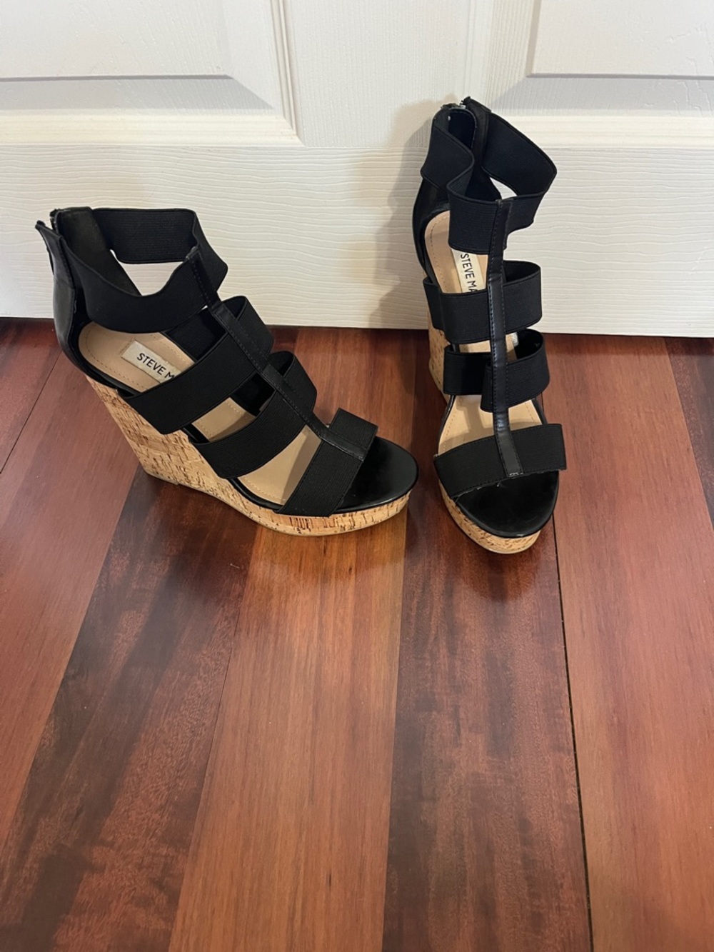 Steve Madden Black Strappy Cork Wedge Sandals